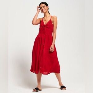 Superdry Strapless Red Button-Front Dress with Tie Neck